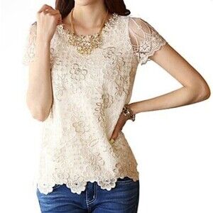 Embroidered Short Sleeves Lace floral women Trim Party Blouse cream S/M